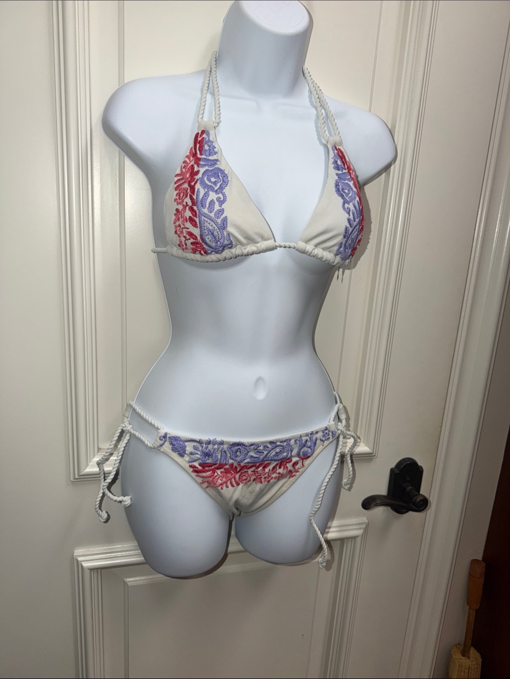 Victorias Secret white embroidered string rope tie bikini purple pink swimsuit